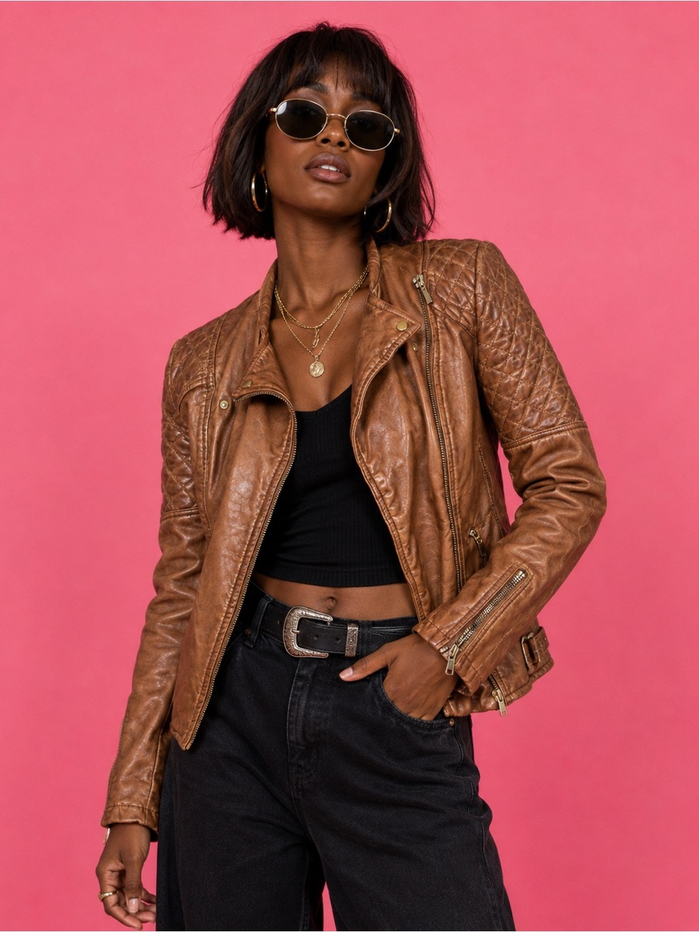 Bershka Quilted Shoulder Brown Leather Moto Jacket